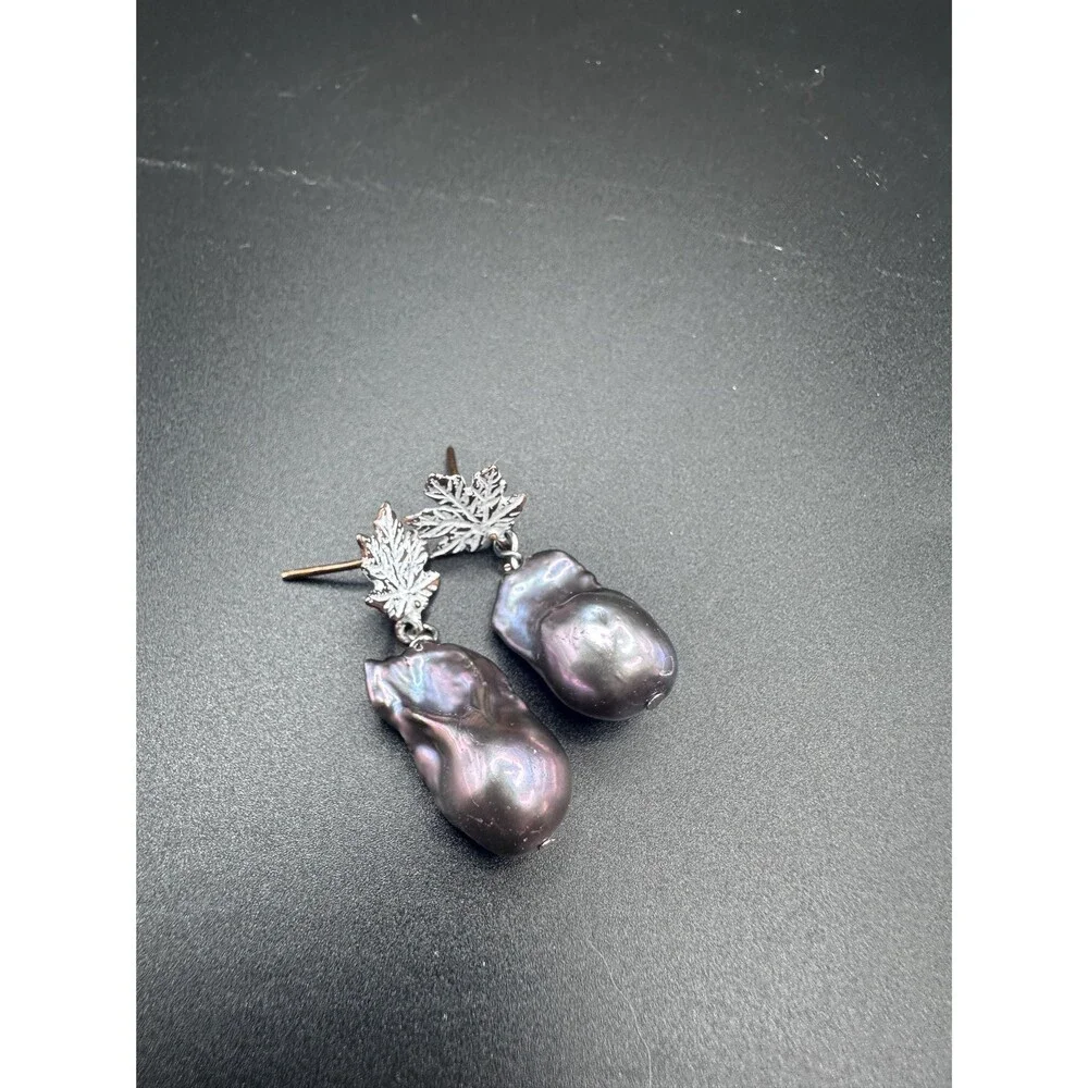 12mm Black Peacock Baroque Pearl Leaf Stud Earrings White Patina Bronze Handmade